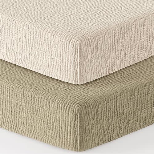 Bearmoss Muslin Mini Crib Sheets for Pack N Play Mattress - 100% Cotton - 38"x26" Soft Breathable Playard Baby Crib Sheets Neutral for Boys Girls - 2 Pack (Oat Latte)