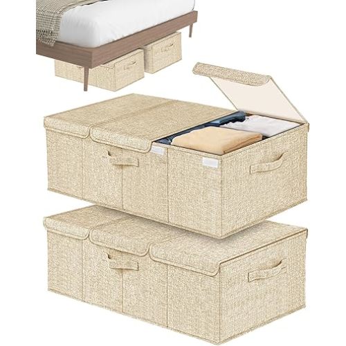 Deep Under Bed Storage Container, 10" Tall Height Underbed Box Bin with Lids 31" Long Large Basket for Under Bed, Bedroom, Dorms, Clothes, Bed sheets, Blankets, 2 Pack, Beige