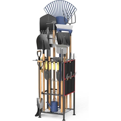 Garden Tool Organizer,Metal Yard Tool Organizer,Holds 50 Long-Handled Tools/Rakes/Brooms,Side Garden Pocket,Heavy Duty Steel Yard Tool Storage Rack for Garage,Shed, Outdoor
