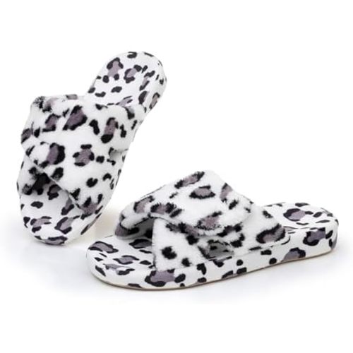 (Women’s 8-9) Git-up Women's Adjustable Diabetic Slippers Memory Foam House Shoes Cozy Arch Support Orthotic Heel Cup Arthritis Edema Slippers Non Slip Rubber Sole, Open Toe Fuzzy Slide Sandals for Ladies