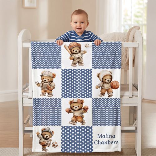Personalized Sports Teddy Bear Soft Throw Blanket with Name Nursery Decor Baby Shower Gift for Baby Boys Toddlers - CALLIE