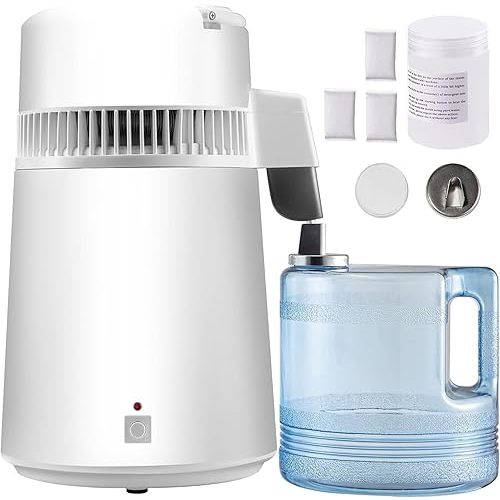 VEVOR 1.1 Gal Water Distiller, 750W Distilled Water Machine, 4L Distilling Pure Water Machine w/Plastic Container, Water Distillation w/Button, Countertop Distilled Water Maker for Home (White)