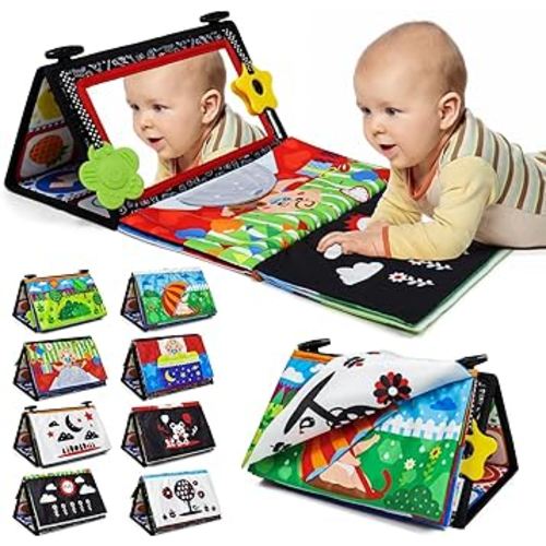 Dr.Rapeti Tummy Time Floor Mirror for Baby Infant Toddler Kids Black and White High Contrast Baby Toy with Crinkle Cloth Book Teethers Floor Activity Toy Washable Non-Toxic