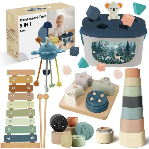 5 in 1 Montessori Baby Toys Set with for 6+ Months, Montessori Sensory Toys Blue with Pull String Activity Toy, Stacking, Sorting and Musical Play for Babies 6-12M Birthday