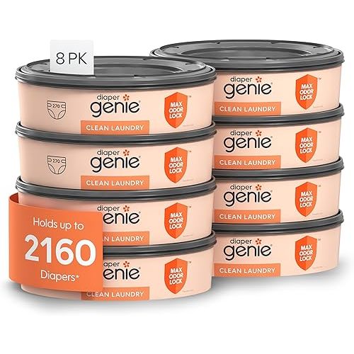 Diaper Genie Bags Refills 270 (Pack of 8) Clean Laundry Scent | Diaper Pail Refills with Max Odor Lock | Holds up to 2160 Newborn Diapers