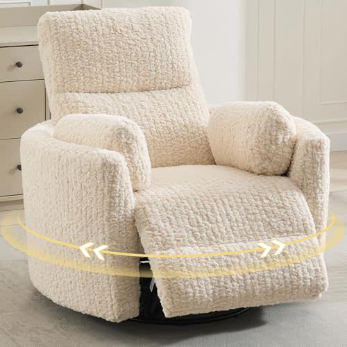Power Swivel Glider Rocking Recliner Nursery Chair with 2 Pillows, Electric Rocker Reclining Chairs with Type-C & USB Charger Port for Living Room, High Back Barrel Armchair for Bedroom, Beige