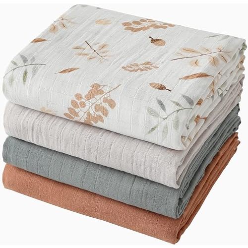 Muslin Swaddle Blankets, Baby Blankets for Boys & Girls, 100% Cotton Unisex Baby Swaddle Blankets, Receiving Blanket Swaddling for Newborn, Large 47 x 47 inches Acorn & Earthy Colors