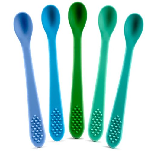 Best First Stage Baby Infant Spoons, 5-Pack, Soft Silicone Baby Spoons Training Spoon Gift Set for Infant (Blue Pond)