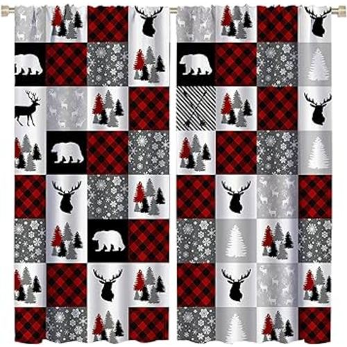 Bear Plaid Blackout Curtains for Room Decor, Red Buffalo Check Deer Wild Animal Christmas Rod Pocket Thermal Insulated Drapes Darkening Window Curtain for Kid Child Bedroom Living Room 42 x 63 Inch