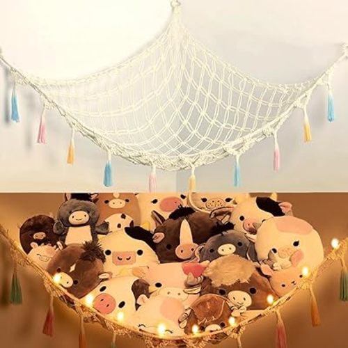Stuffed Animal Net or Hammock with Light,Yewiwin Macrame Hanging Net Hammock for Stuffed Animal Toy Storage Organizer Boho Decor Room Holder for Nursery Play Room Bedroom (Beige(55"*55"*72"))