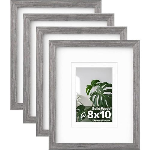 Egofine 8x10 Picture Frames Set of 4, Made of Solid Wood Covered by Plexiglass 4x6 and 5x7 with Mat or 8x10 without Mat, for Table Top Display and Wall Mounting Photo Frame Light Grey
