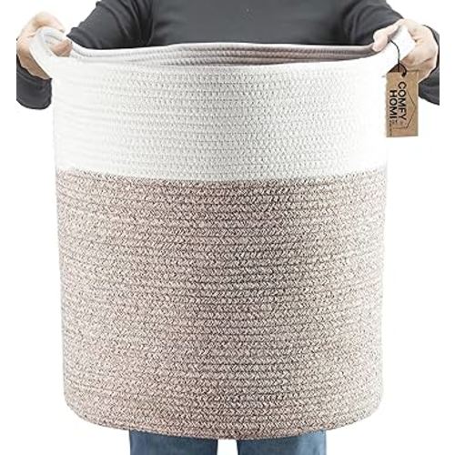 COMFY-HOMI XXL Large Laundry Basket with Handles Blanket Baskets Living Room|Woven Cotton Rope Decorative Basket Laundry Hamper Baby Gift Nursery Dog Toy Storage Organizer Bin-16”x18”-White Brown