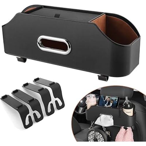 Car Seat Back Organizer - Stylish & Functional Storage for Family Adventures - Cup Holders, Tissue Box & Hooks - Perfect for Kids, Road Trips & Travel (Black)
