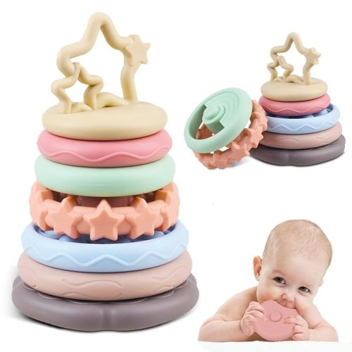 Baby Teething Toys- Infant Teether Stacking Building Blocks Rings -Toddler Montessori Sensory Travel Toys for 1 One Years Old Boys Girls-Birthday Gifts for Babies 6 9 12 18 Months