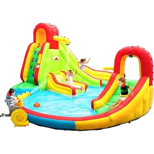 Inflatable Water Park with Blower, Jumping Castle 2 Slides, Climbing Wall, Water Gun, Lounge and Basketball Hoop, 165 x 165 x 90.5 Inch