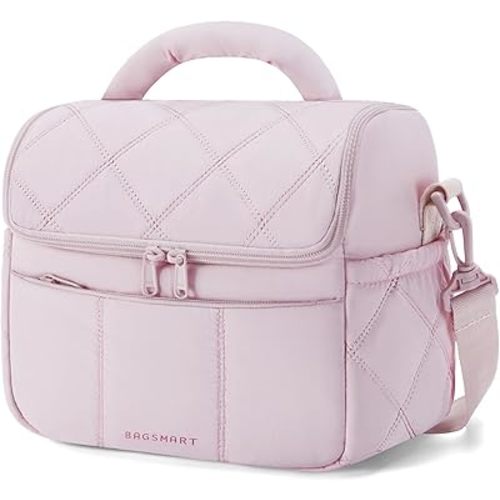 BAGSMART Insulated Lunch Bags for Women, Cute Quilted Lunch Box, Lightweight Puffy Padded Waterproof Lunch Tote, Reusable Lunch Cooler for Work Picnic Travel, Pink