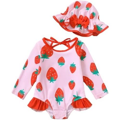 SUNNY PIGGY Baby Girls One Piece Swimsuit Long Sleeve Floral Bathing Suit+Hat 2Pcs