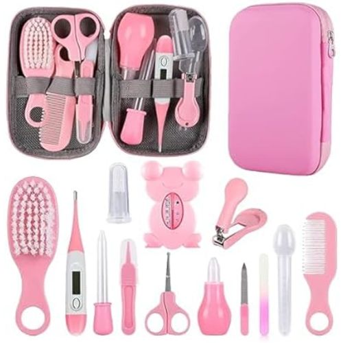 Baby Grooming Kit, Infant Safety Care Set with Hair Brush Comb Nail Clipper Nasal Aspirator,Baby Essentials Kit for Newborn Girls Boys (Pink Baby Grooming kit)