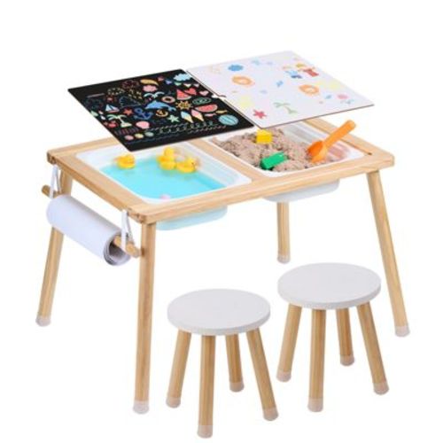 VEVOR Sensory Table and Chairs Set, Toddlers Activity Table with 2 Stools, 2 Storage Bins & Paper Roll Holder, Wooden Kids Sensory Table