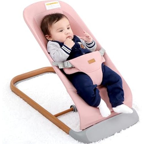 AMKE CooCon Baby Bouncer,Ergonomic Bouncer Seat for Babies with 3 Recline Positions,Portable Newborn Bouncer Seat, Mesh Design Bouncers for Infants,Pink