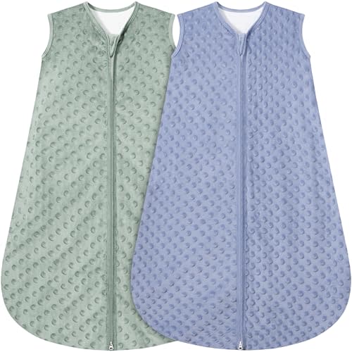 BSTOPPT Fleece Baby Sleep Sack With Plush Dots,2 Pack TOG 1.5 Baby Wearable Blanket with 2-Way Zipper, Toddler Sleep Sack (Blue&Green, 6-12 Months)