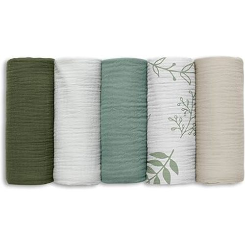 Muslin Receiving Blankets, Neutral Blanket Swaddling for Newborn Boys and Girls, 5 Pack Breathable and Skin-Friendly Swaddle Wrap for Infant Baby (Bright Leaves)