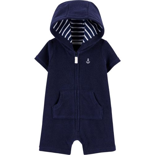 Hooded Zip-Up Terry Romper - Navy - 9M