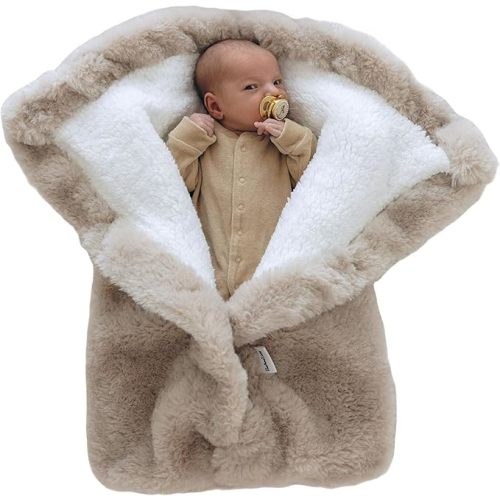 Warm Swaddle Blanket for Baby Boy or Girl, Multi Use Baby Wrap Swaddle, Ultra-Soft Fleece Interior Plush Exterior, Winter Stroller Blanket, Cold Weather Baby Swaddle (Beige, 0-6 Months)