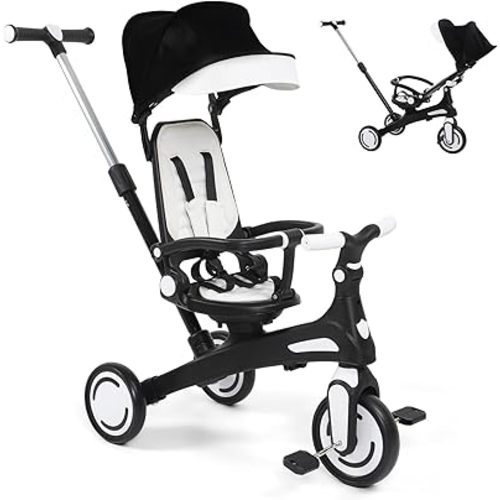 Toddler Bike, Tricycle for Toddlers 1-3, 6 in 1 Kids Baby Trike with Adjustable Push Handle and Canopy, Rotatable Seat, Safety Harness, Storage, Toddler Stroller Bike for 10 Months+, Black