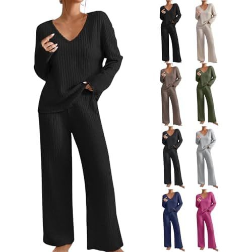 2 Piece Outfits for Women Knit Sweater Long Sleeve Crewneck Tops and Wide Leg Pants 2024 Ribbed Fall Lounge Set
