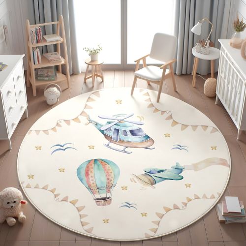 Airplane Patterned Children's Carpet,Hot Air Balloon Kids Rug, Baby Boy Gift, Non Slip Activity Rug,Washable Kids Rug, PILLOW CASE GIFT