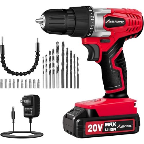 AVID POWER 20V Cordless Drill Set for Home DIY & Beginner Projects - Lightweight Power Drill with Battery Charger & 22 Bits, Variable Speed, 3/8" Keyless Chuck, Ideal for Furniture Assembly (Red)