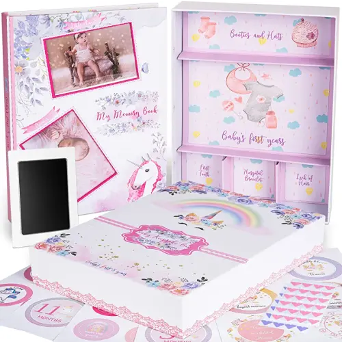 Kemella Kreations My Memory Book with Keepsake Box, Baby Milestone Stickers, Photo Corners & Footprint Kit, Unicorn Design - Baby First Five Years, Scrapbook, Journal, Photo Album for Newborn to 5 Years, Girl