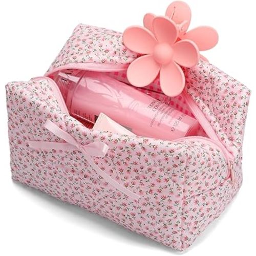 Quilted Makeup Bag, Floral Cosmetic Bag Cute Handmade Aesthetic Pink Toiletry Bag Flower Coquette Accessories Cotton Pouch for Women