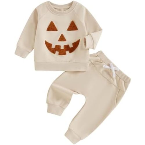 Toddler Baby Boy Halloween Outfits Cute Pumpkin Sweatshirt Top and Pant Set Infant Long Sleeve Clothes Apricot Pumpkin