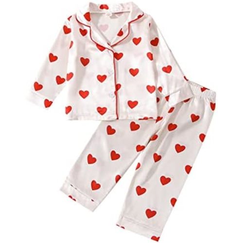 MAINESAKA Toddler Baby Girl Silk Satin Pajamas Valentines Day Pjs Heart Print Button Down Shirt Shorts/Long Pants Sleepwear