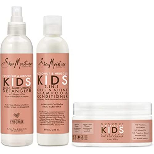 SheaMoisture Kids Extra Moisturizing Detangler, 2-In-1 Curl & Shine Coconut Hibiscus Shampoo & Conditioner, and Curling Butter Cream for Curly Hair 3 Count