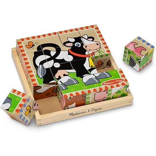 Melissa & Doug Farm Wooden Cube Puzzle with Storage Tray – 6-in-1 Animal Puzzle for Toddlers and Preschoolers – 16 Wooden Cubes – Farm Toy for Kids Ages 3+ - FSC Certified