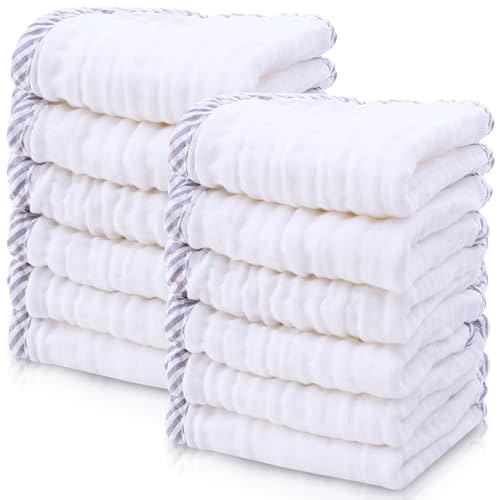Cute Castle 12 Pack Muslin Baby Washcloths - Large 12'' by 12'' - Ultra Soft 100% Cotton - Super Absorbent Burp Cloths for Unisex, Boy, Girl -Stripe