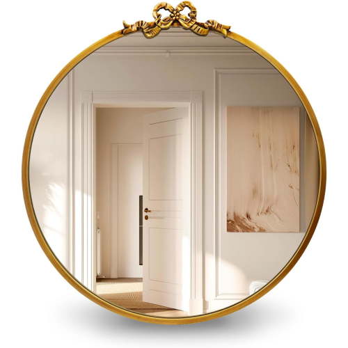 Vintage Round Gold Wall Mirror Bathroom Vanity Mirrors 20inch Decorative Antique Metal Ornate Circle Mirror, Baroque Home Bow Decor for Dressing Table,Bedroom,Living Room,Hallway