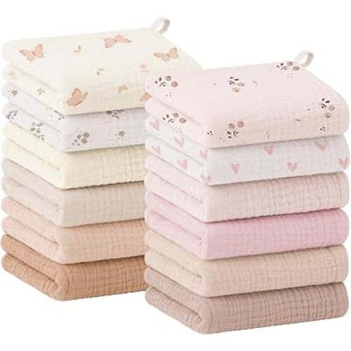 Bearmoss 12 Pack Baby Muslin Washcloths, 100% Cotton 10"x10" Face Towels