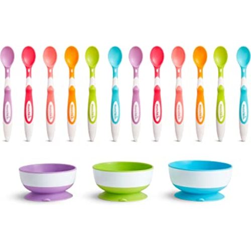 Munchkin® Stay Put™ Suction Bowls and Soft Tip™ Baby Spoons, BPA Free, 3 Bowls and 12 Spoons
