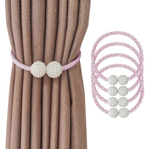 4 Curtain Tiebacks Holdbacks Magnetic Buckle Woven Tie Hold Back Clips Rope Holder Tieback Holdback Curtains Decoration Pearl Pink
