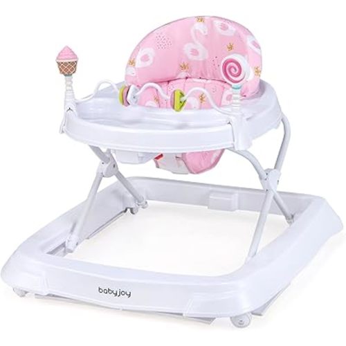 BABY JOY Baby Walker, Foldable Activity Walker Helper with Adjustable Height, Baby Activity Walker with High Back Padded Seat & Bear Toys (Pink, Swan Pattern)