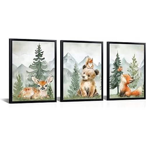 Nursery Decor Forest Framed Wall Art Wildlife Animal Canvas Print 3-Piece Set 12"x16"