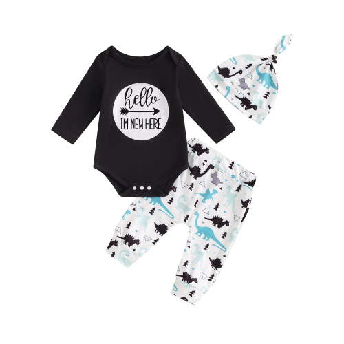 Suealasg 3Pcs Baby Boy Fall Clothes Long Sleeve Letter Print Romper Dinosaur Print Pants Hat Sets 3 6 Months Newborn Infant Boys Coming Home Outfit