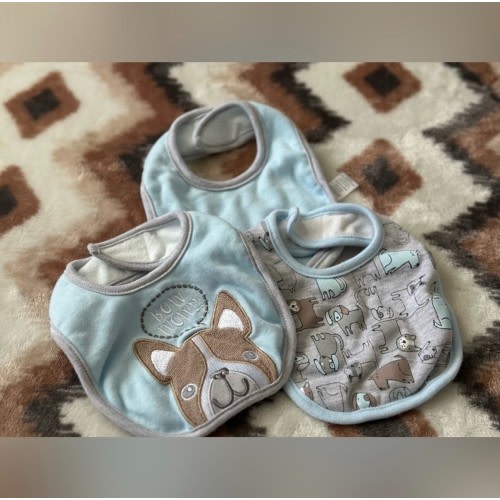Lot of 3 Cute Baby Boy Dog Print Bibs Baby Blue and Gray