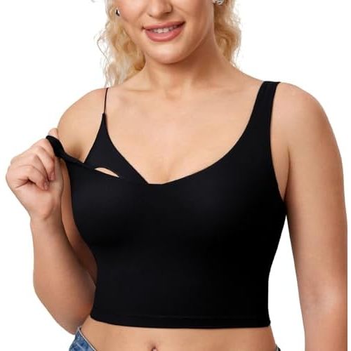 MOMANDA Women's Nursing Bras Longline Sports Breastfeeding V Neck Sleeveless Crop Tank Top with Built in Bra