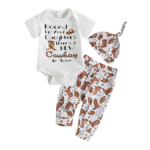 Western Newborn Baby Boys Cowboy Outfits Short Sleeves Letter Bodysuit+Long Leggings+Cap 3pcs Infant Boy Country Clothes Summer Suit