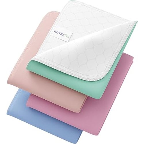 Incontinence Bed Pads - 4 Pack 34" x 36" Reusable Waterproof Mattress Protectors - Highly Absorbent, Machine Washable - for Children, Pets and Seniors - Multi Color - Royal Care